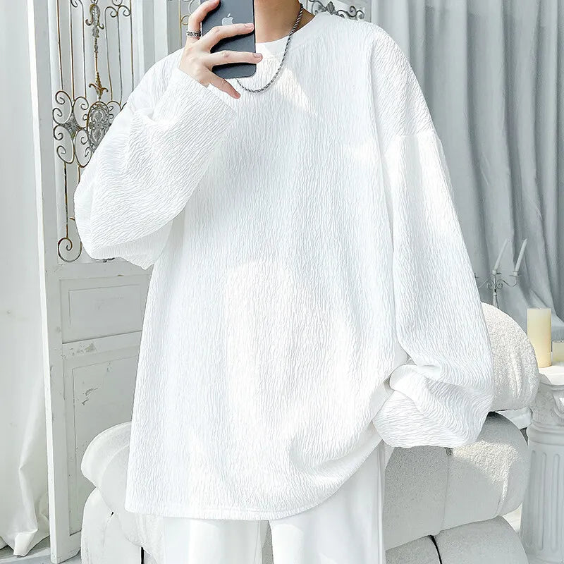 Men's High Street Long Sleeve T-Shirt - Trendy Casual Top Loose Fit Comfortable Wear, Modern Minimalist Style, Everyday Essentia