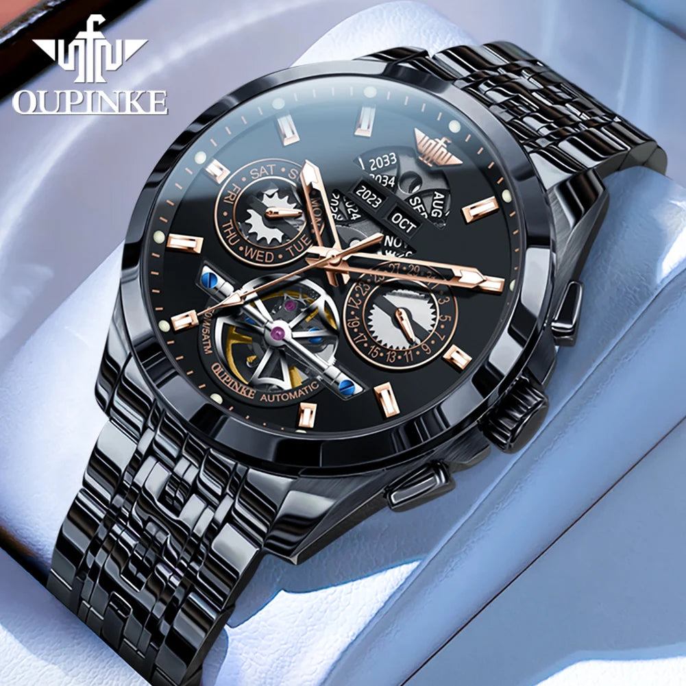 OUPINKE 3251 Watch For Men Auto Date Hollow Skeleton Luxury Automatic Mechanical Hand Clock Top Brand Waterproof Man Watches