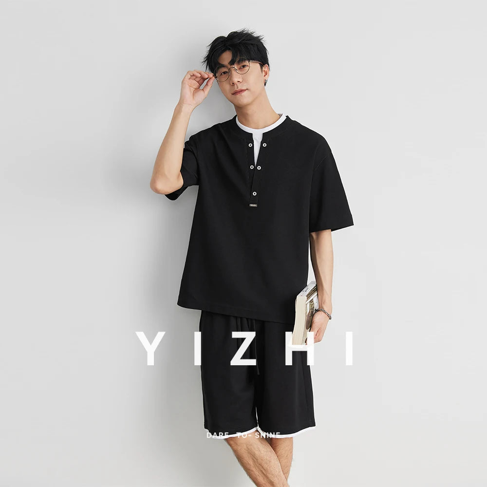 2025 New Men's Sports Suit Henry Collar Two-piece Casual Outdoor Loose Short Sleeve Shorts Fashion Korean Men's Summer Suit
