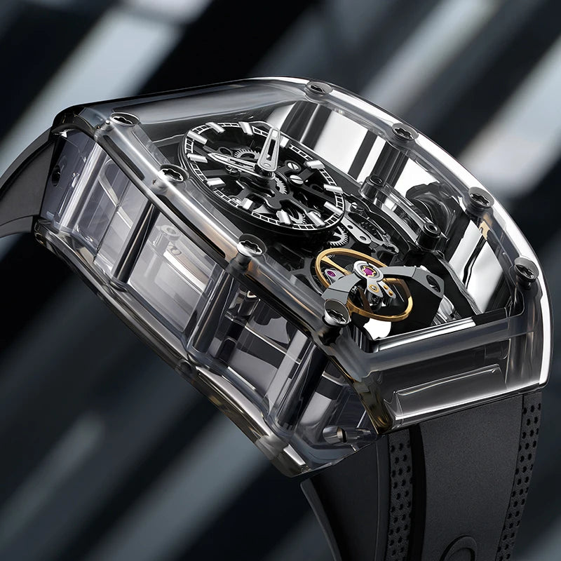 BONEST GATTI 2025 New Men Automatic Watch Tonneau Mechanical Wristwatch Acylic Case Sapphire Lume Hollow Out Dial Fluororubber