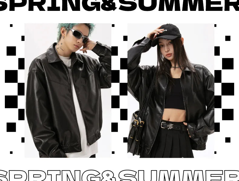 Black leather jacket for both men and women - new autumn product of retro fashion brand - trendy high street jacket for couples