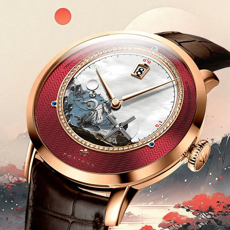 PONIGER Luxury Men's Watch Japanese Automatic Movement Landscape Painting Design Stainless Steel Waterproof Multifunction Clock