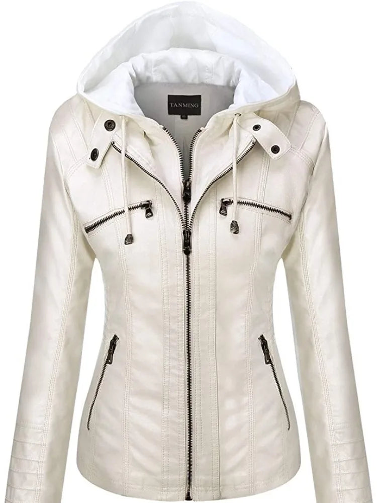 Hooded Leather Jacket Two-Piece Set Removable Large Size Leather Jacket for Women Spring & Fall Outwear for Women Pu Washed Leather