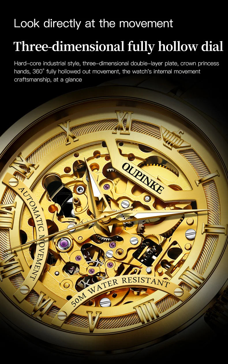 OUPINKE 3210 Gold Men Fully Automatic Mechanical Watch High end Original 3D Hollow Design Waterproof Luminous Men Watch Luxury
