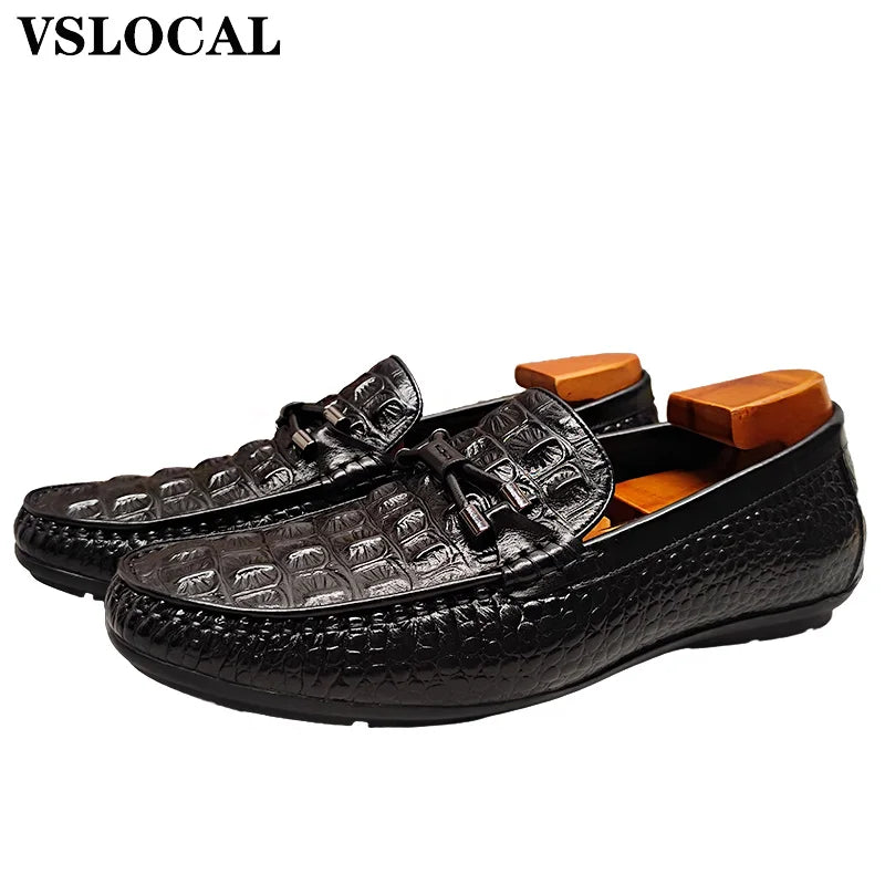 Luxury Men Shoes Black Brown Slip On Croco Prints Casual Dress Shoes Man Wedding Office Business Leather Loafers For Man