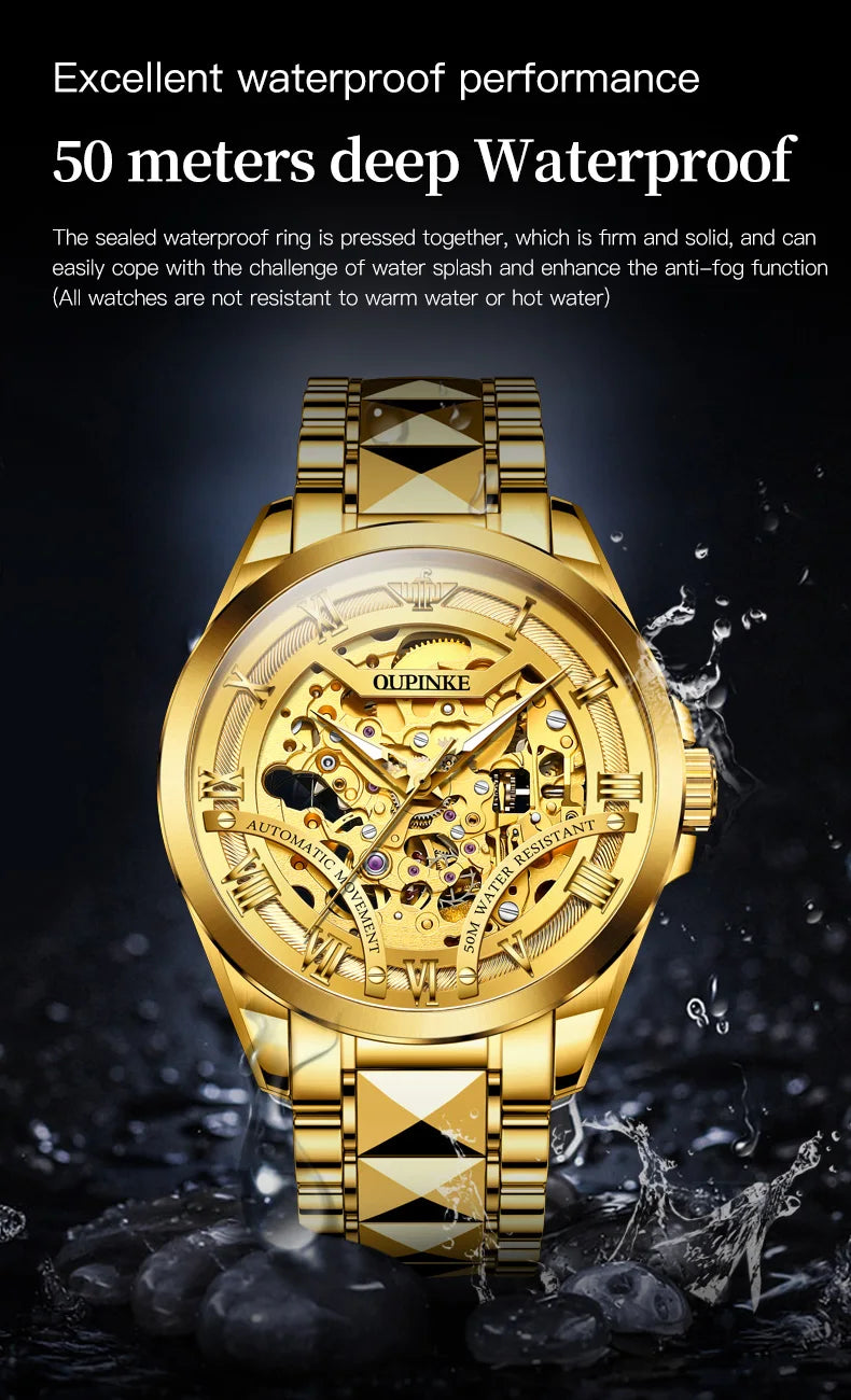 OUPINKE 3210 Gold Men Fully Automatic Mechanical Watch High end Original 3D Hollow Design Waterproof Luminous Men Watch Luxury