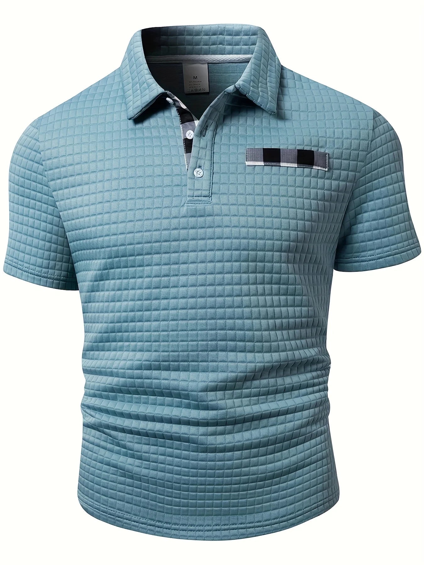 Men's Polo Shirt with Square Plaid Texture Fabric, Solid Color Pattern, Short-Sleeve Polo Collar Top, Non-Positioned Digital Print Fabric, Irregular Plaid Pattern, Fashionable Casual Daily Wear, Business Casual Wear