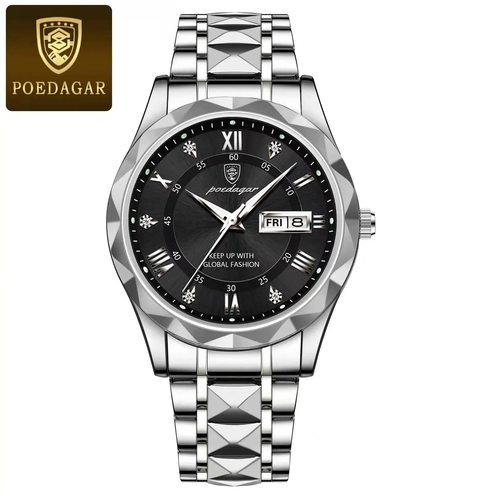 POEDAGAR Luxury Business Men's Watches Waterproof Stainless Steel Luminous Man Wristwatch Date Week Quartz Sport Men Watch Reloj