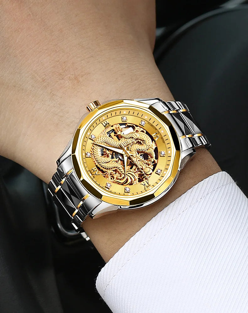 JSDUN Gold 3D Dragon Dial Watch For Men Luxury Brand Automatic Mechanical Watch Stainless Steel Strap Hollow-carved Reloj Hombre
