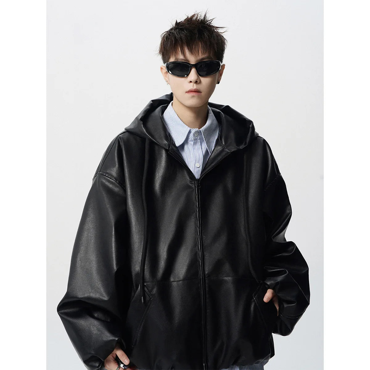 Luxury Motorcycle Leather Jacket Men's American Street Short PU Leather Clothes Trendy Retro Silhouette Hooded Jacket