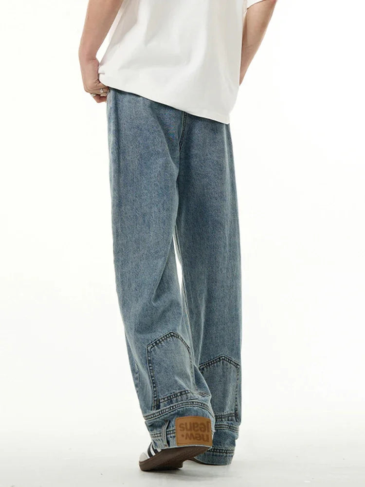 Autumn High Street Baggy Jeans For Men Reverse Pocket Design Straight Wide Leg Denim Pants 2025 New Solid Color Y2K Vintage Jean