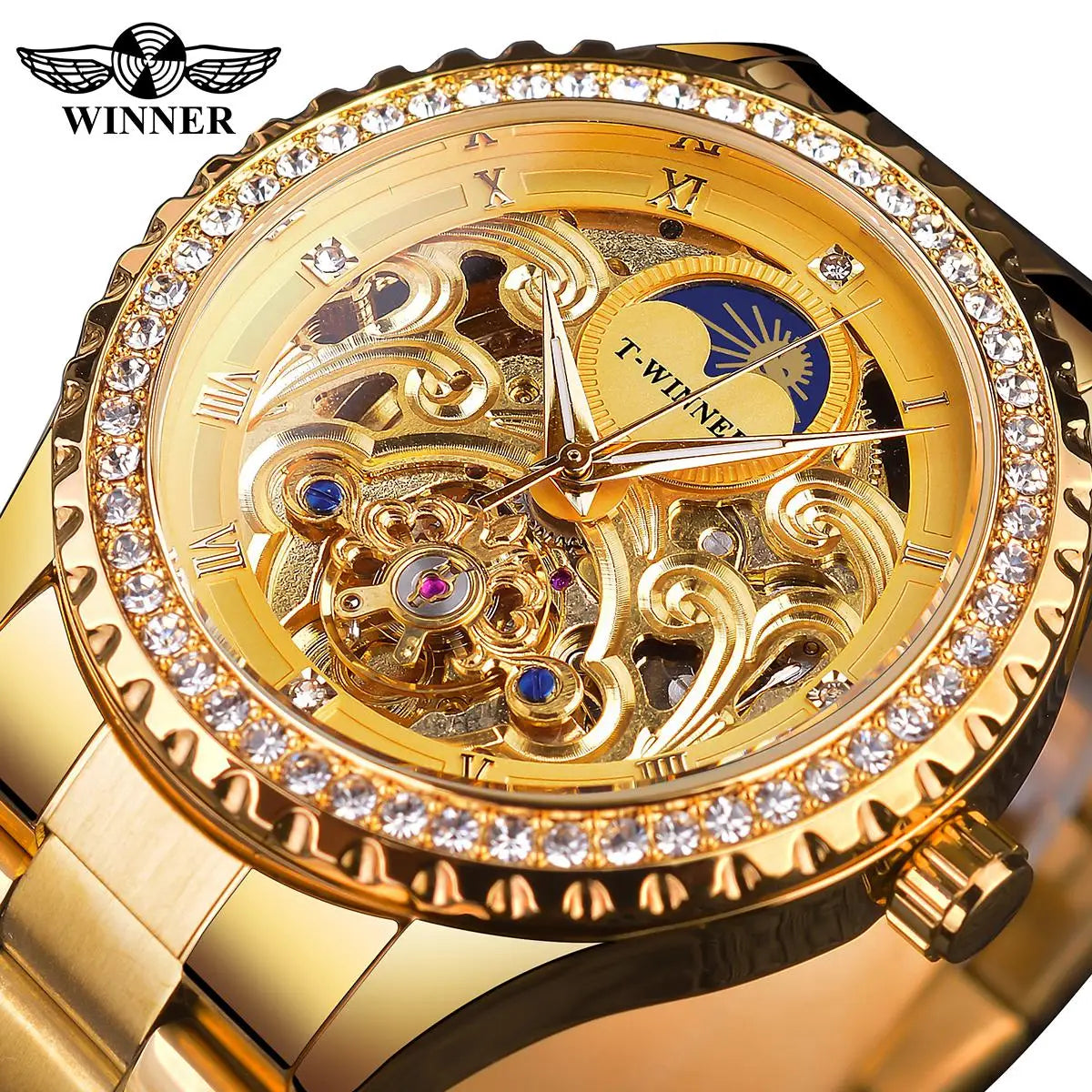 Winner Brand Golden Moon Phase Design Luxury Retro Style Diamond Full Stainless Steel Skeleton Tourbillon Men Automatic Watches