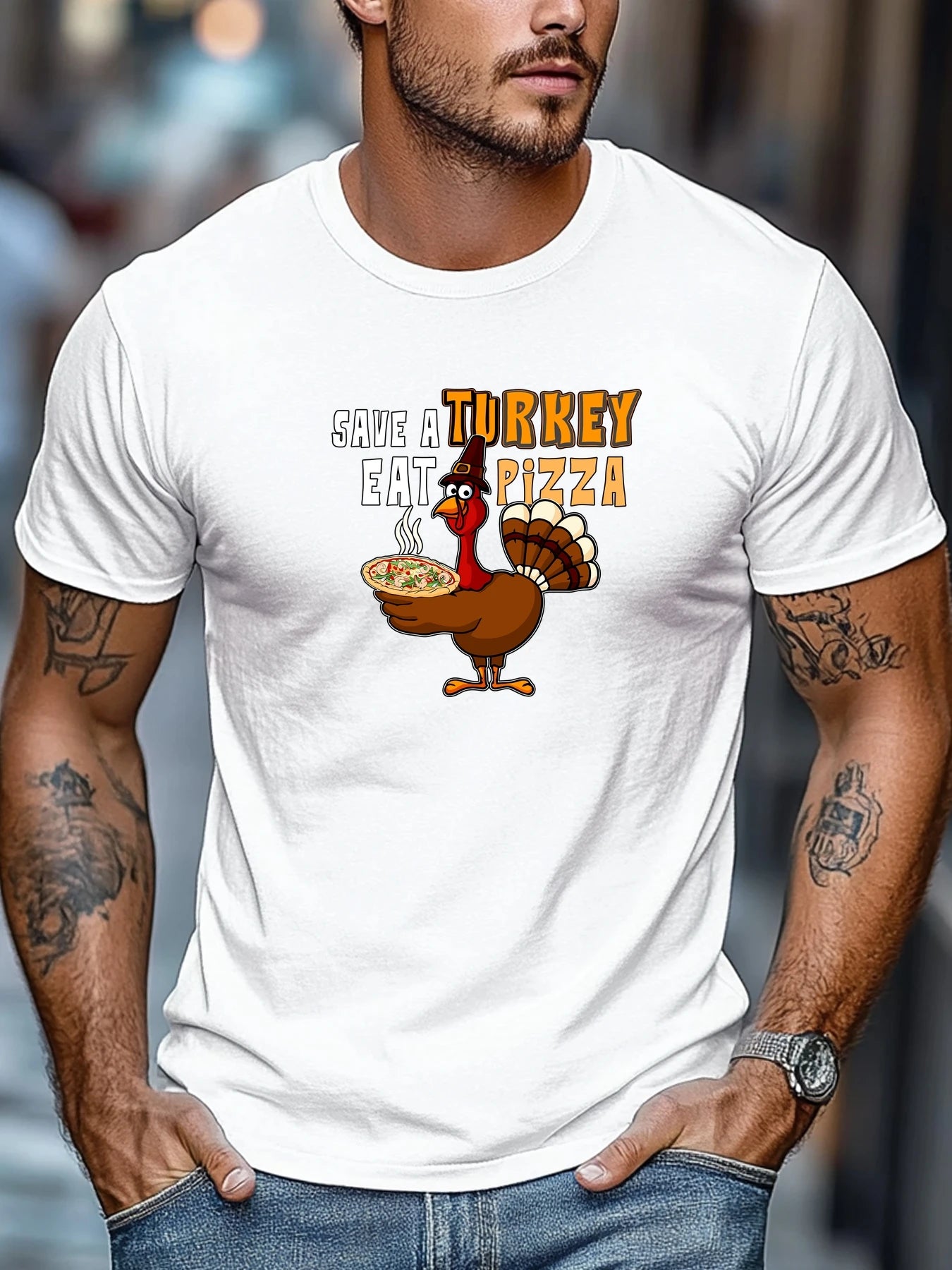 Men t-shirt SAVE A TURKEY EAT PIZZA Graphic Summer Soft Comfort Fit Tee Daily Wear Tops