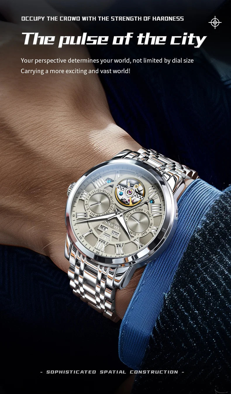 OLEVS 6668 Luxury Skeleton Automatic Mechanical Men Watch Top Brand Movement Roman Scale Calendar Waterproof Business Men Watch