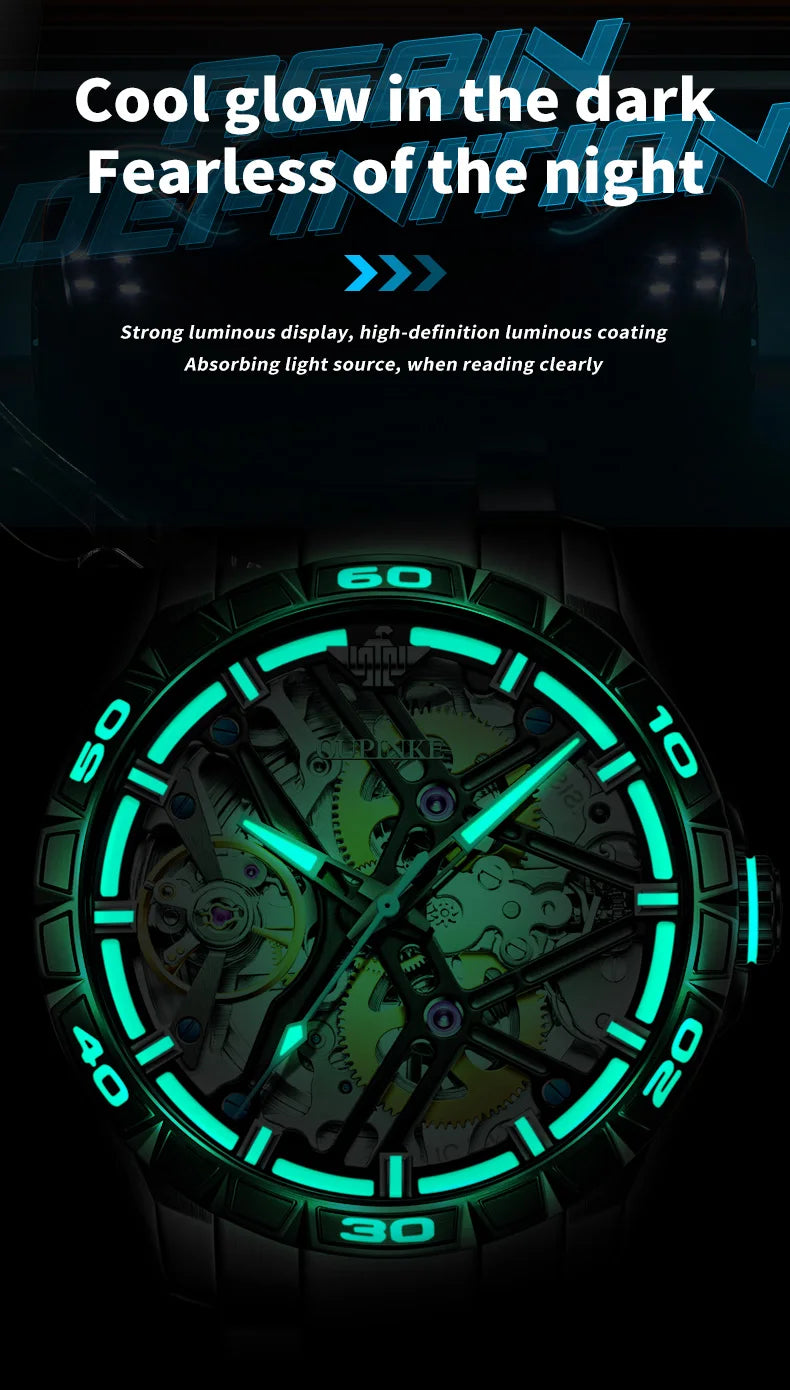 OUPINKE 3196 Blue Watch for Men Original Automatic Movement Deep Waterproof Hollow Out Mechanical Wristwatch Men