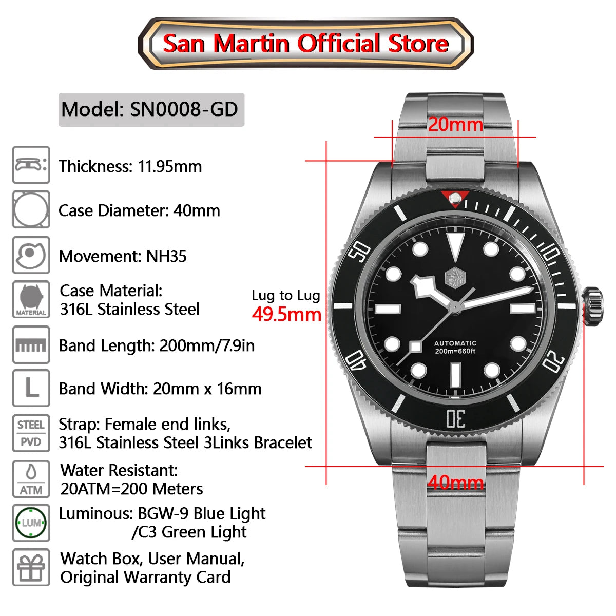 San Martin New 40mm BB58 Retro Luxury Diver Watch NH35 Automatic Mechanical Watches For Men Sapphire Luminous 20Bar Reloj SN0008