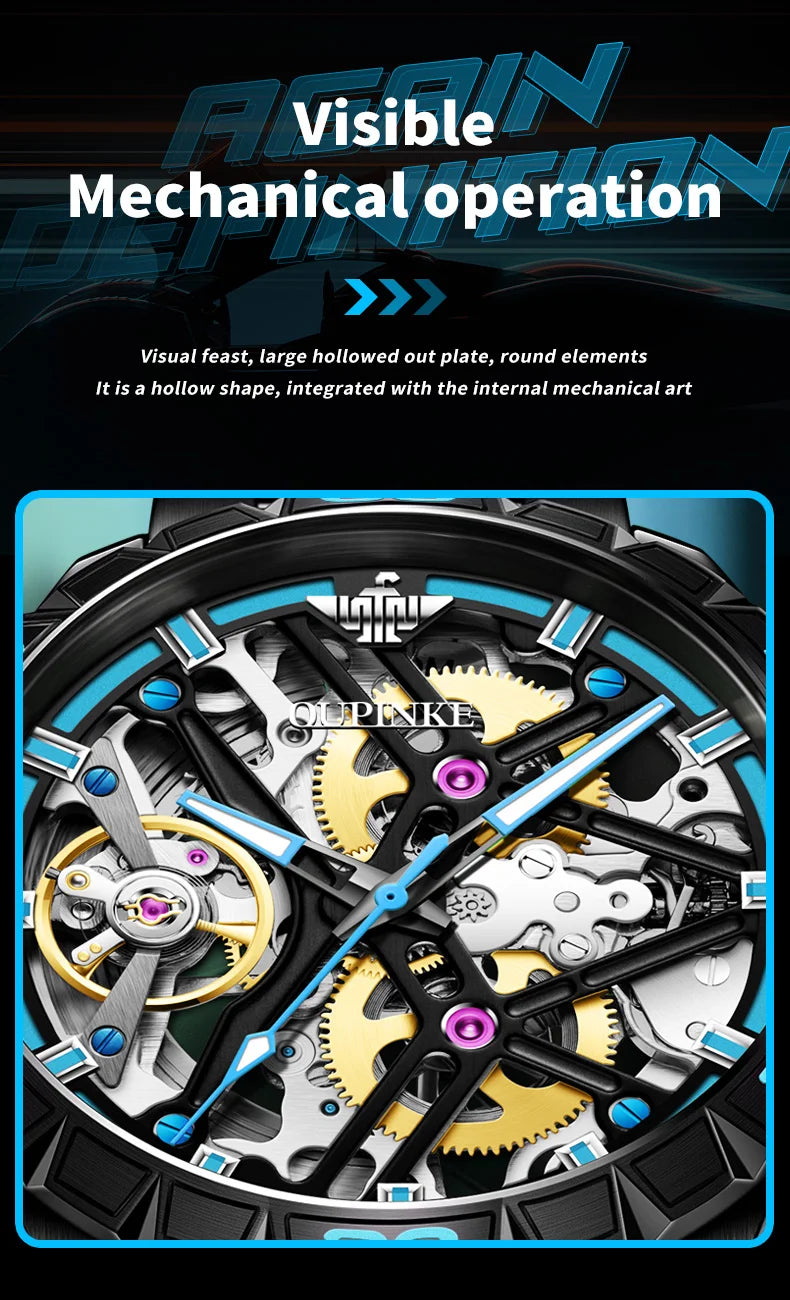 OUPINKE 3196 Blue Watch for Men Original Automatic Movement Deep Waterproof Hollow Out Mechanical Wristwatch Men
