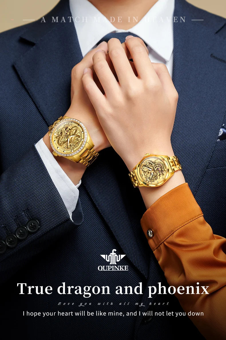 OUPINKE High End Gold Dragon Watch for Men Women Tungsten steel Automatic Mechanical Couple Watches Luxury Couple Wristwatches