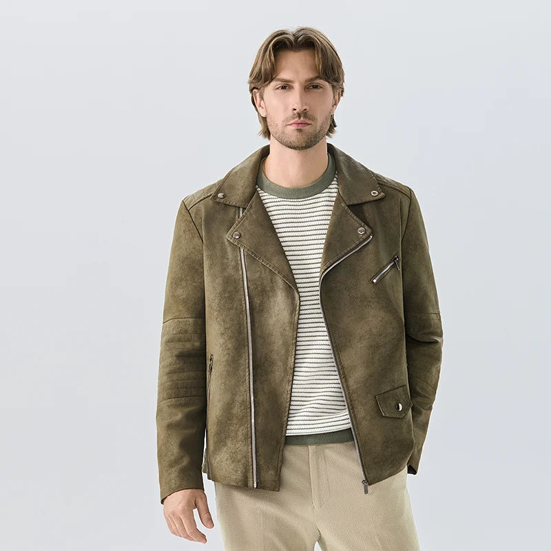 High-end Suede Leather Jacket Winter Men New American Punk Handsome Windproof Men Clothes Male Retro Brown Lapel Jacket