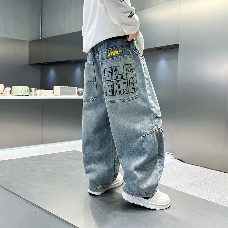 personalized workwear jeans Spring and Autumn 2025 Spring and Autumn New Straight Pants Boys  Wide Legs Handsome Trendy 5-15 yea