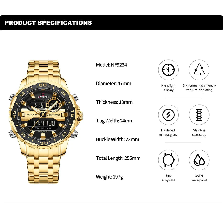 NAVIFORCE Men's Watch Luxury Waterproof Sports Chronograph Quartz Steel Band Wristwatch Digital Date and Week Display Male Clock