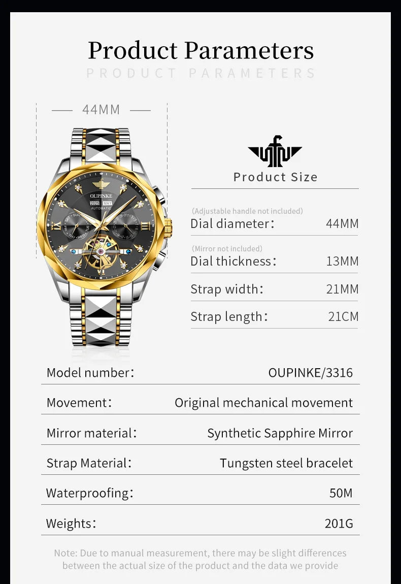 OUPINKE 3316 Automatic Mechanical Watch Classic New Version Watches for Men High-end Large Dial Wristwatch