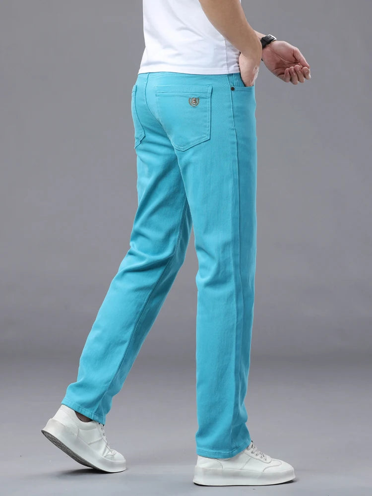 Men's Pink Jeans Spring Summer New Comfortable Elastic Fitted Straight Denim Trousers Fashion Korean Male Casual Pants