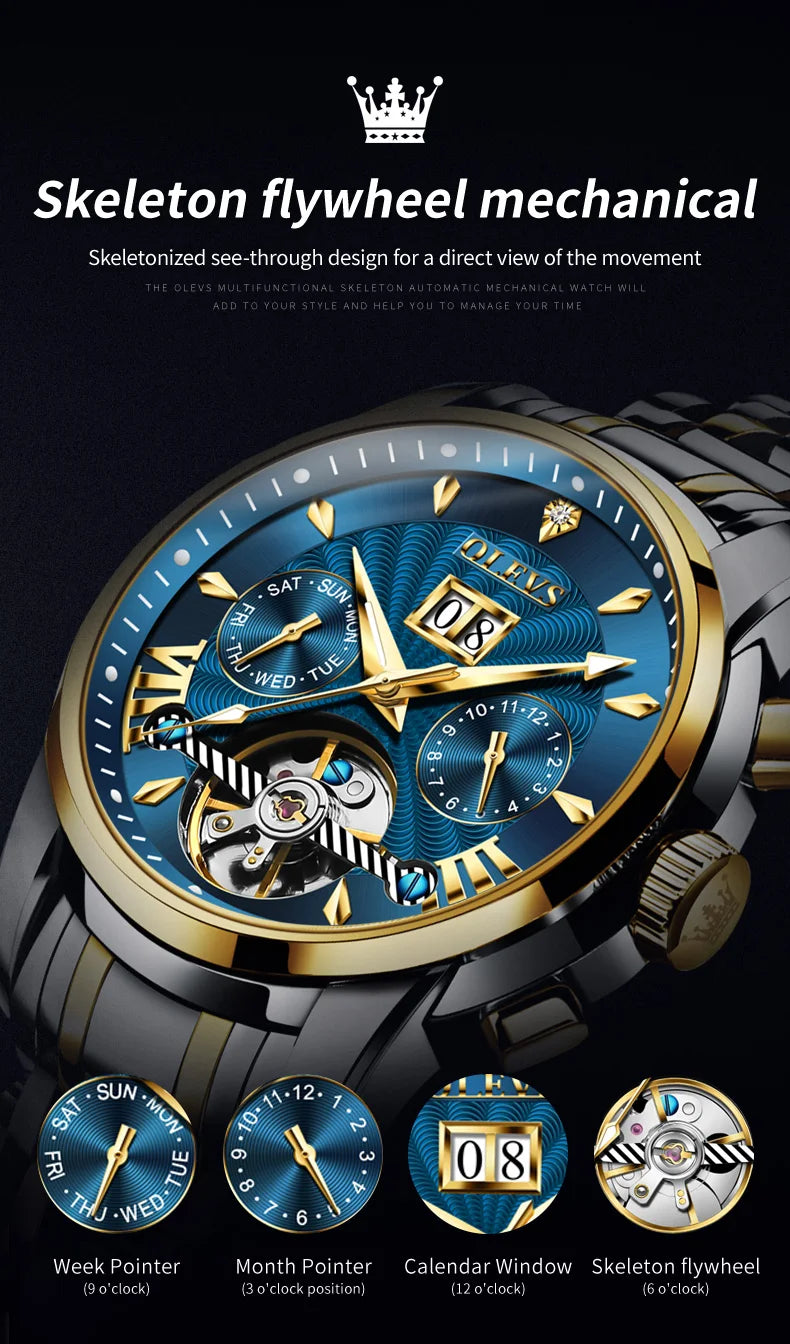 OLEVS Luxury Top Brand Watch for Men Automatic Mechanical Watches Waterproof Stainless Steel Skeleton Design Man Wristwatch