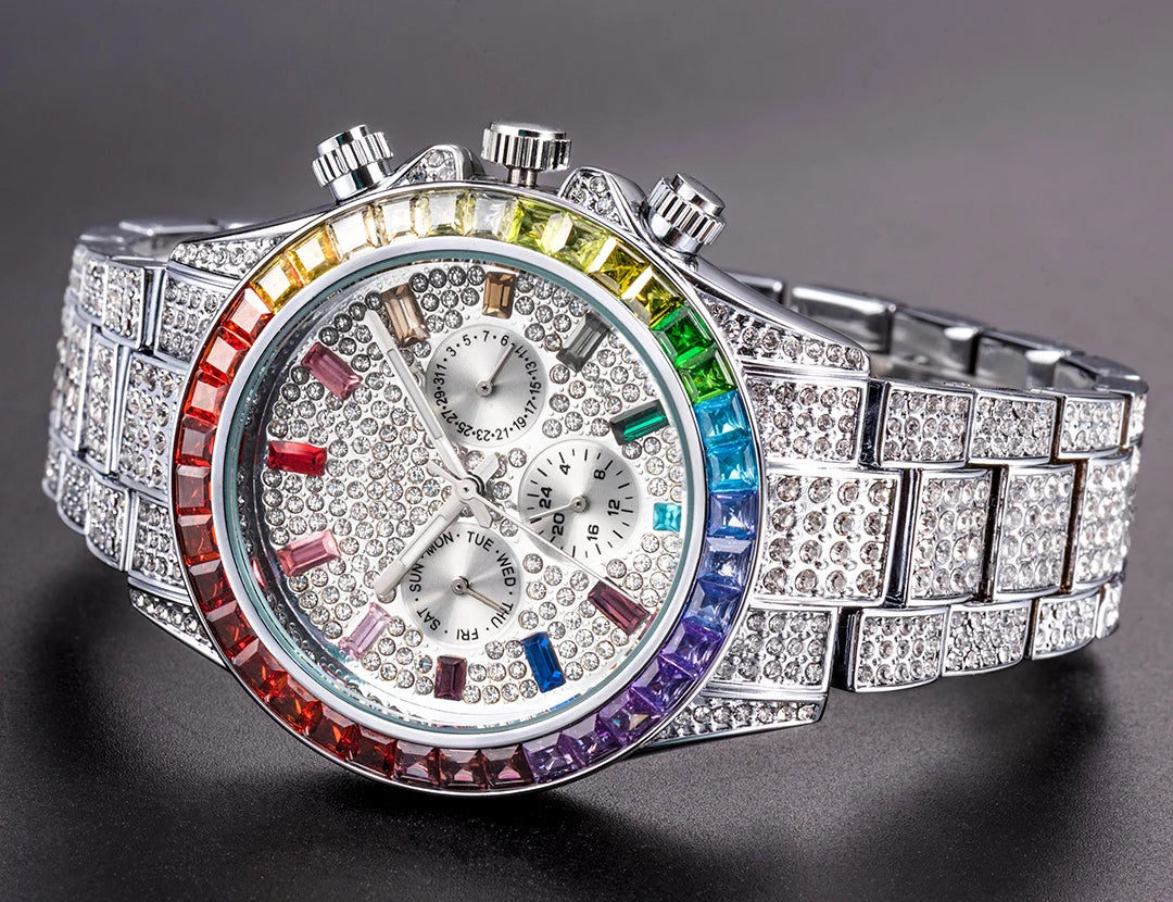 MISSFOX Blingbling Wristwatch For Men Luxury Colour Diamond Calendar Quartz Watch Hip Hop Fashion Waterproof Man Clock Hot Sale