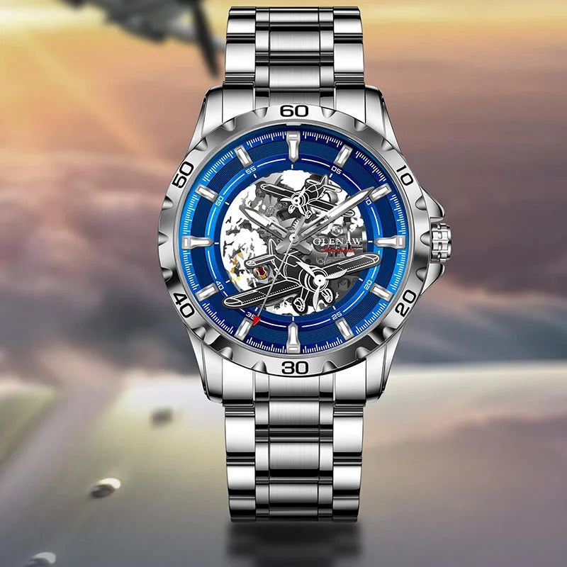 GLENAW New Pilot Series Men Watches Hollow Luxury Automatic Mechanical Watches Luminous waterproof Stainless Steel Strap Watch