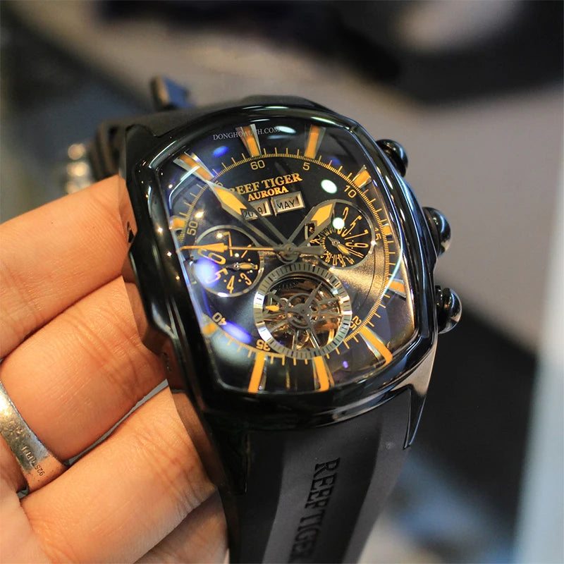 Reef Tiger 316L Stainless Steel Wine Barrel Automatic Watch Fashion Mulitfunction Tourbillon Mechanical Watches for Men RGA3069