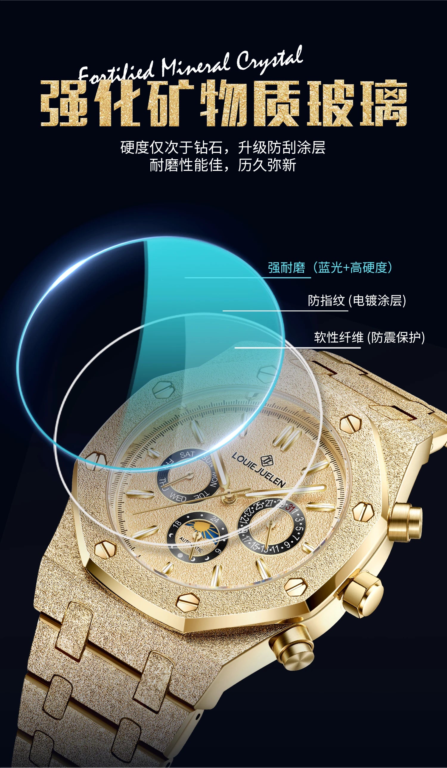 LOUIE JUELEN New Men Watch Top Brand Luxury Mechanical Automatic Stainless Steel Waterproof Moon Watch Luminous Wristwatch Clock