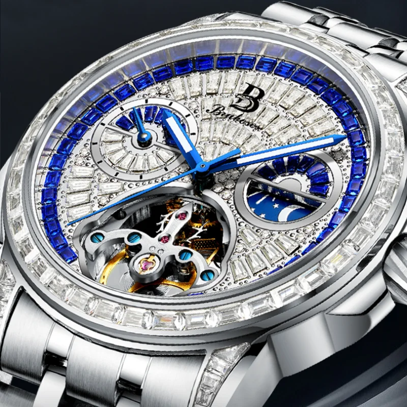 BRUBOSES Men's Skeleton Automatic Mechanical Winding Watch Stainless Steel Sapphire Crystal Waterproof Fashion Sports Watch