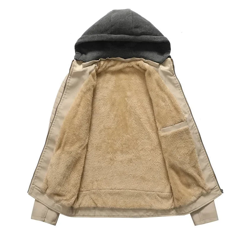 Faux Leather Jacket Men Fashion Men's Hooded Jackets Autumn Winter Military Style Outwear Zipper Pockets Coat Detachable Hat