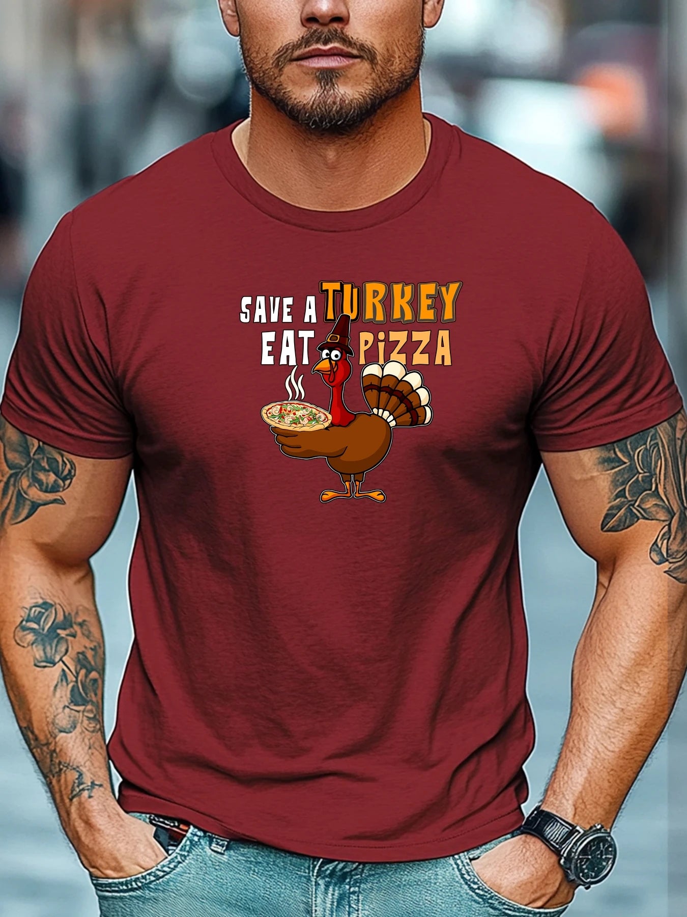 Men t-shirt SAVE A TURKEY EAT PIZZA Graphic Summer Soft Comfort Fit Tee Daily Wear Tops