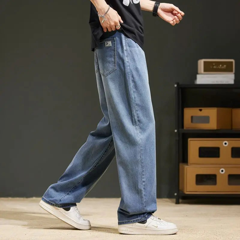 Baggy Jeans Summer Men's Jeans Baggy Soft Drape Loose Comfortable Wide-leg Ice Silk Pants Retro Elastic Casual Denim Trousers