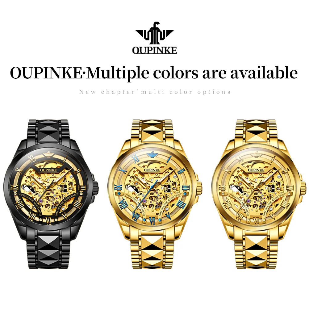 OUPINKE 3210 Gold Men Fully Automatic Mechanical Watch High end Original 3D Hollow Design Waterproof Luminous Men Watch Luxury