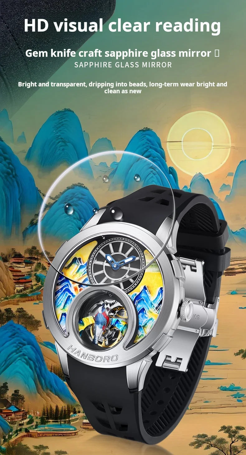 HANBOROThousand Miles Series Oil Painting Personalized Dial Magpie Skeleton Balance Wheel Design Men's Automatic MechanicalWatch