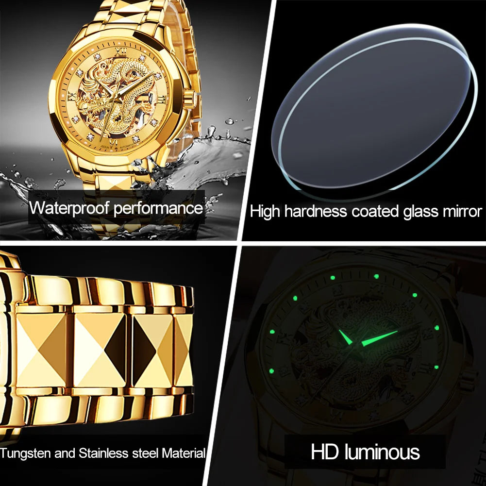 JSDUN Gold 3D Dragon Dial Watch For Men Luxury Brand Automatic Mechanical Watch Stainless Steel Strap Hollow-carved Reloj Hombre