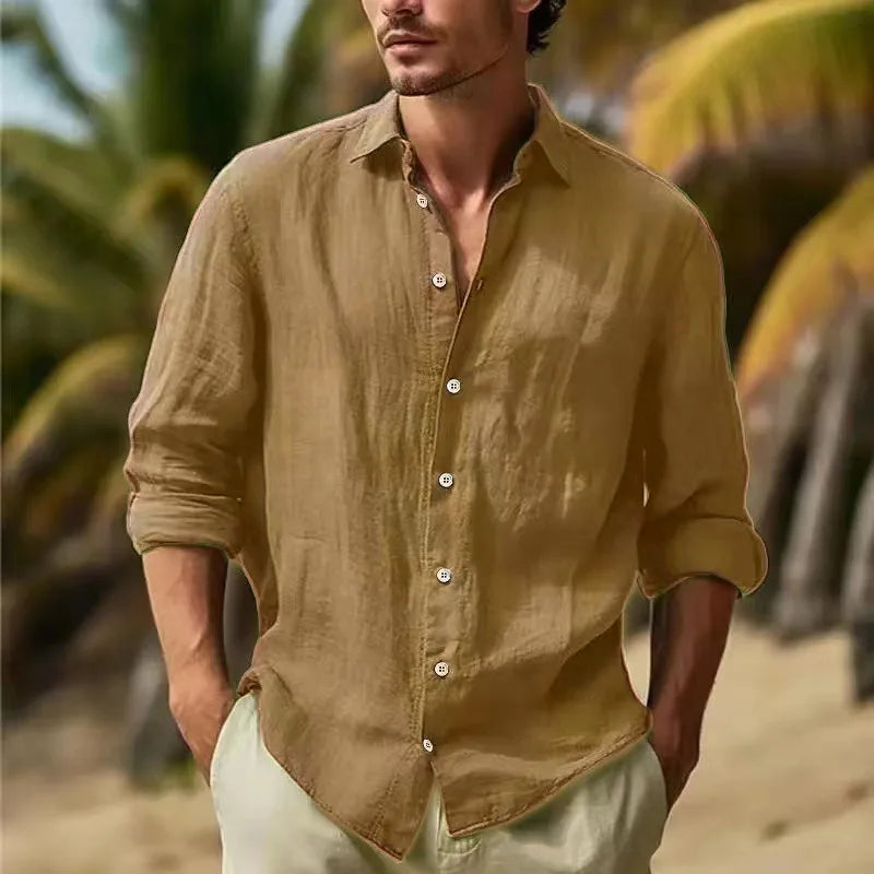 Men's Long-sleeved Top in 2025,Made of Cotton and Linen, Solid Color, Turn-down Collar, in a Casual Style Shirt  linen shirt men