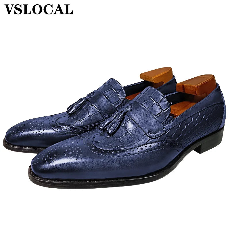 Italian Mens Shoes Blue Black Burgundy Wing Tip Casual Men Dress Shoes Loafers with tassels Leather Slip on Loafers Man