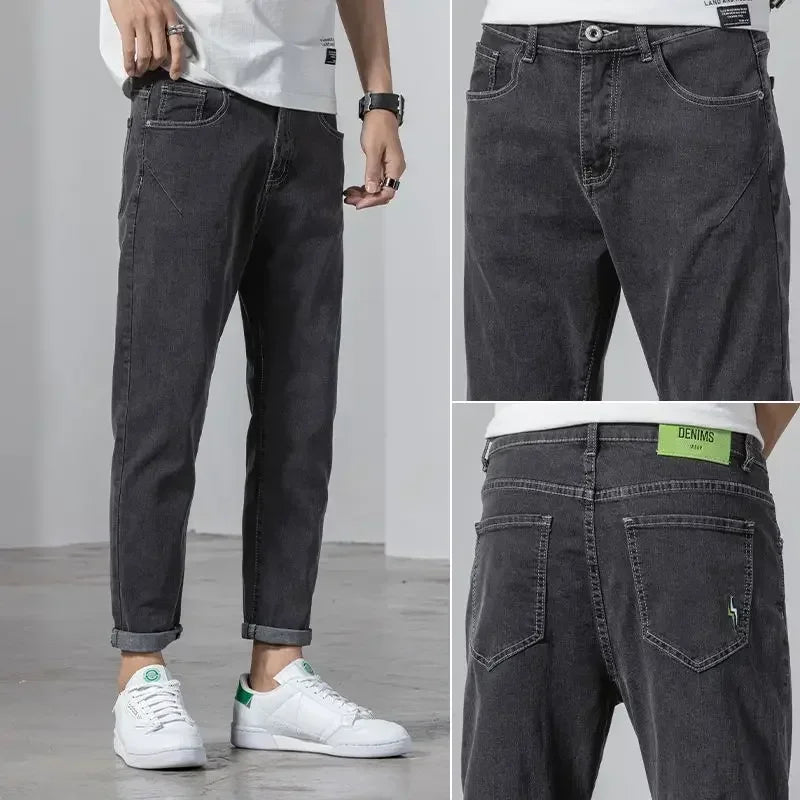 Men's Jeans Light Blue Casual Man Cowboy Pants with Pockets Trousers Cropped Designer Stylish Korean Fashion Summer Original Xs