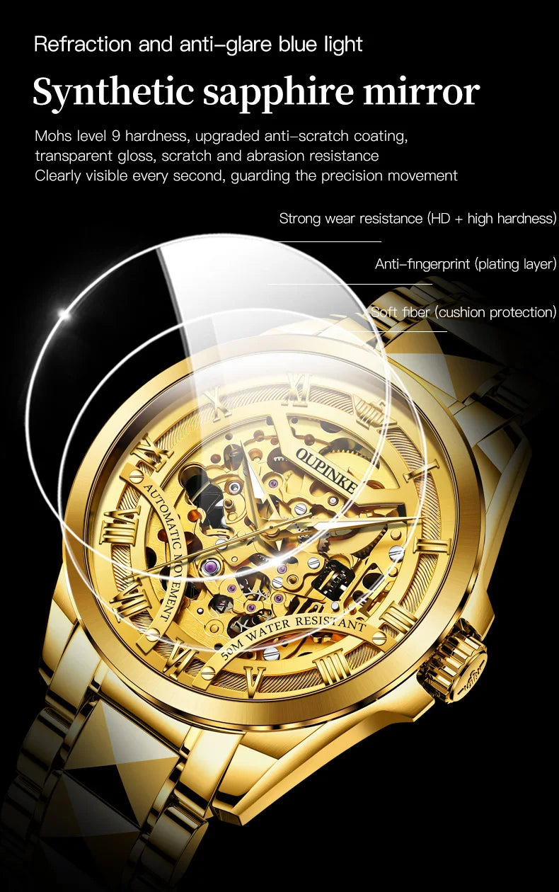 OUPINKE 3210 Gold Men Fully Automatic Mechanical Watch High end Original 3D Hollow Design Waterproof Luminous Men Watch Luxury