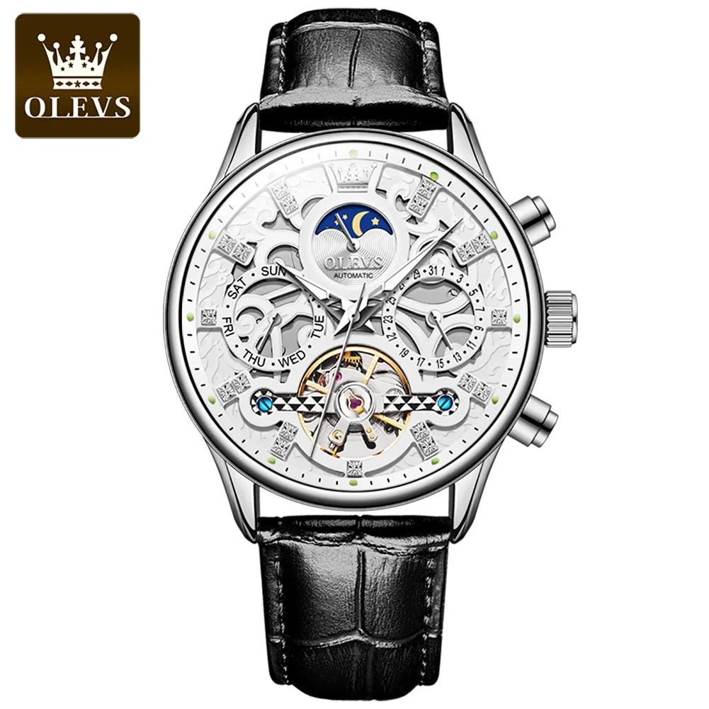 OLEVS 6658 Automatic Watches for Men Leather Strap Moon Phase Men's Hollow Mechanical Wristwatch Waterproof Calendar Hand Clock
