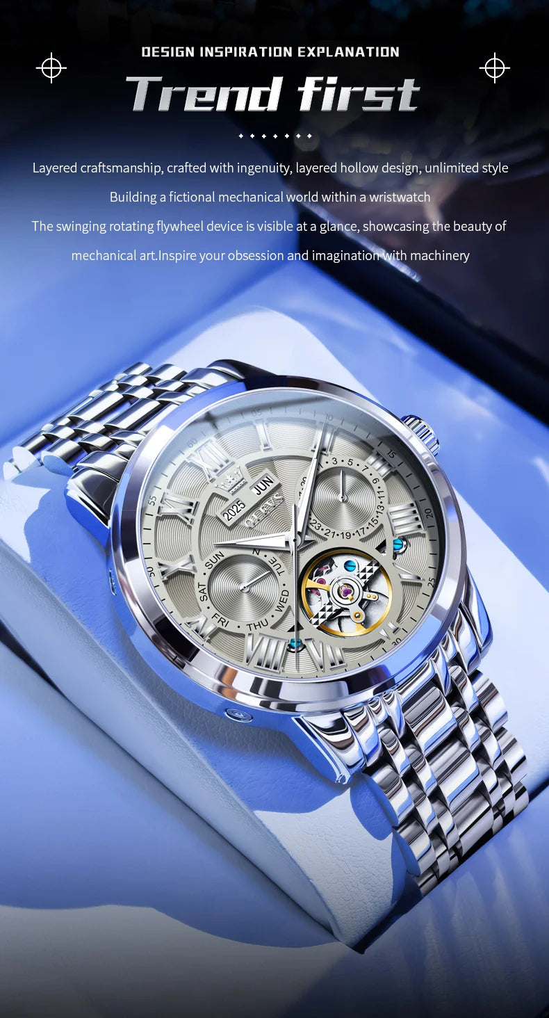 OLEVS 6668 Luxury Skeleton Automatic Mechanical Men Watch Top Brand Movement Roman Scale Calendar Waterproof Business Men Watch