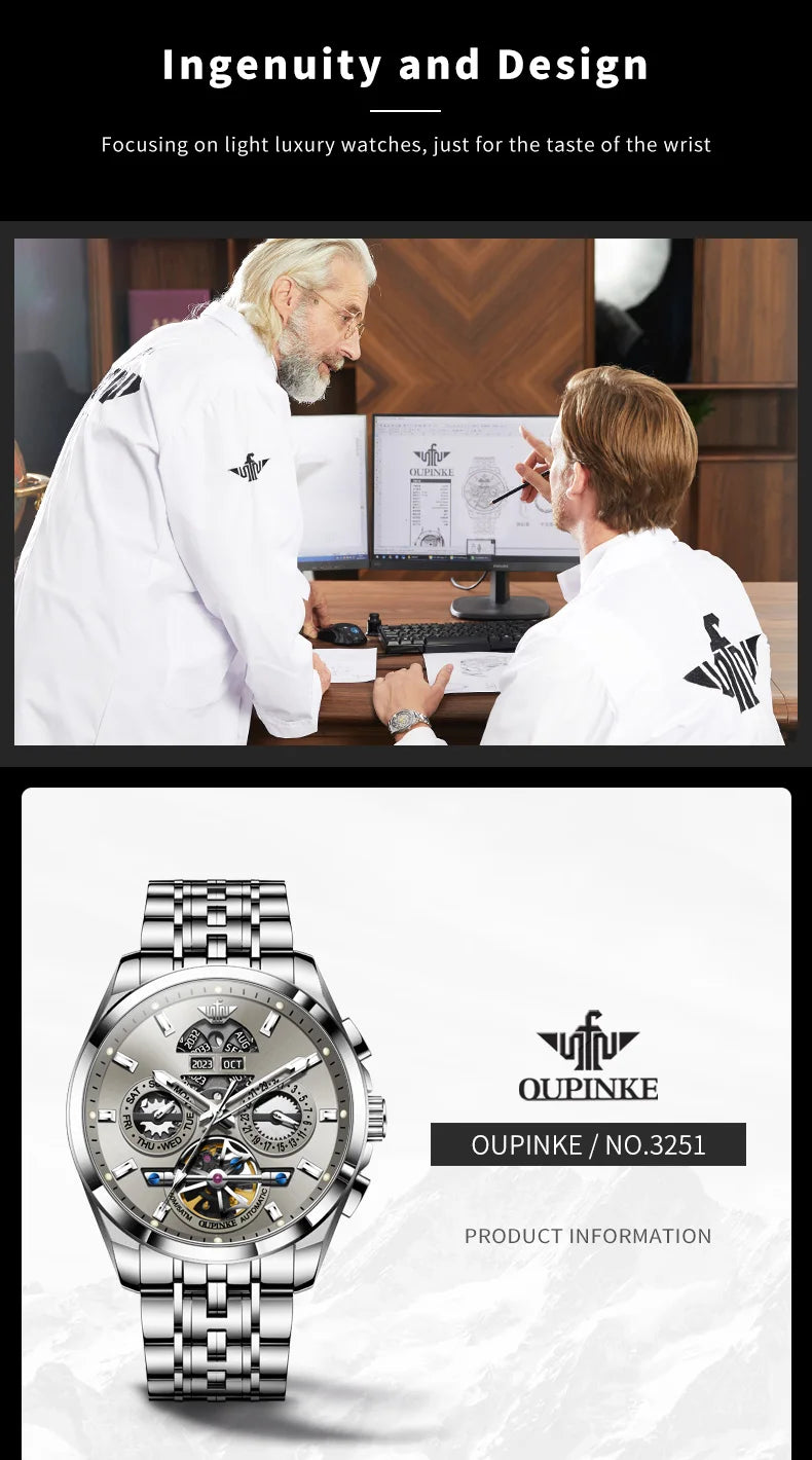OUPINKE 3251 Mens Watch Luxury Sapphire Glass Tourbillon Mechanical Watch Tungsten Steel 50M Waterproof Watch For Man Gift Box