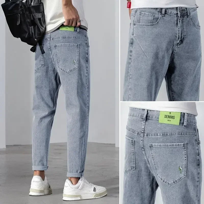 Men's Jeans Light Blue Casual Man Cowboy Pants with Pockets Trousers Cropped Designer Stylish Korean Fashion Summer Original Xs
