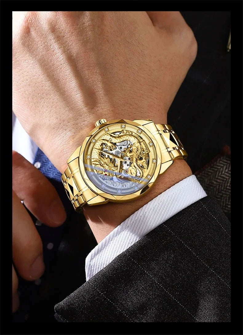 Men's Automatic Mechanical Watch Night Glow Waterproof Relief New Fashion Business Leather Steel Band Luxury Timepiece