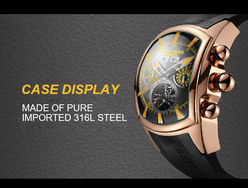 Reef Tiger 316L Stainless Steel Wine Barrel Automatic Watch Fashion Mulitfunction Tourbillon Mechanical Watches for Men RGA3069