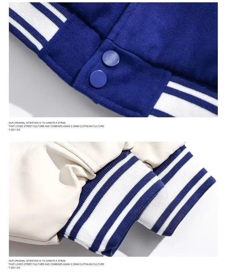 2025 New Vintage Baseball Jacket Men Women Couple Klein Blue PU Sleeves Baseball Bomber Jacket Men's Outwear Fashion Coat Man